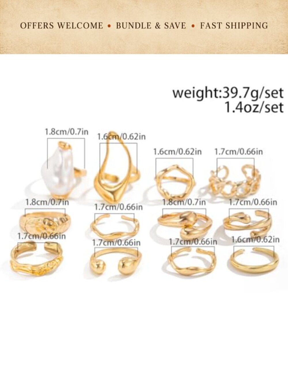 Chunky Pearl Rings Set Open Adjustable Stacking Rings - Picture 6 of 6